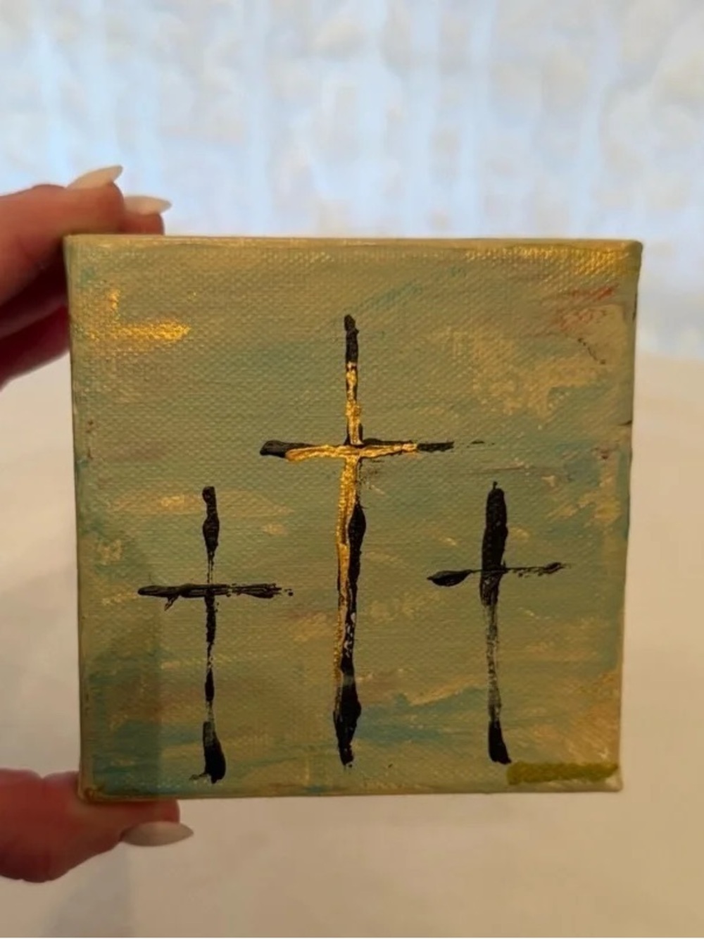 Hand-Painted Small Cross Wall Art in Aqua and Gold